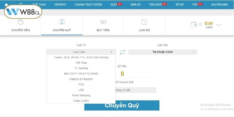 Trước khi đổi thưởng, người chơi cần chuyển tiền về ví chính